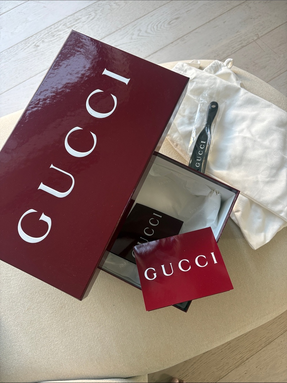 Gucci Burgundy and White Branded Shoe Box with Dust Bag & Shoe Horn